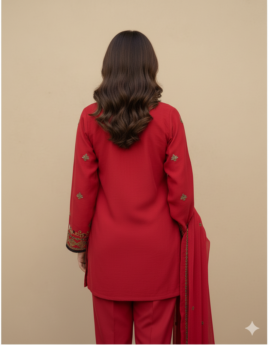 Elegant Embroidered Cotton 3-Piece Suit with Chiffon Dupatta