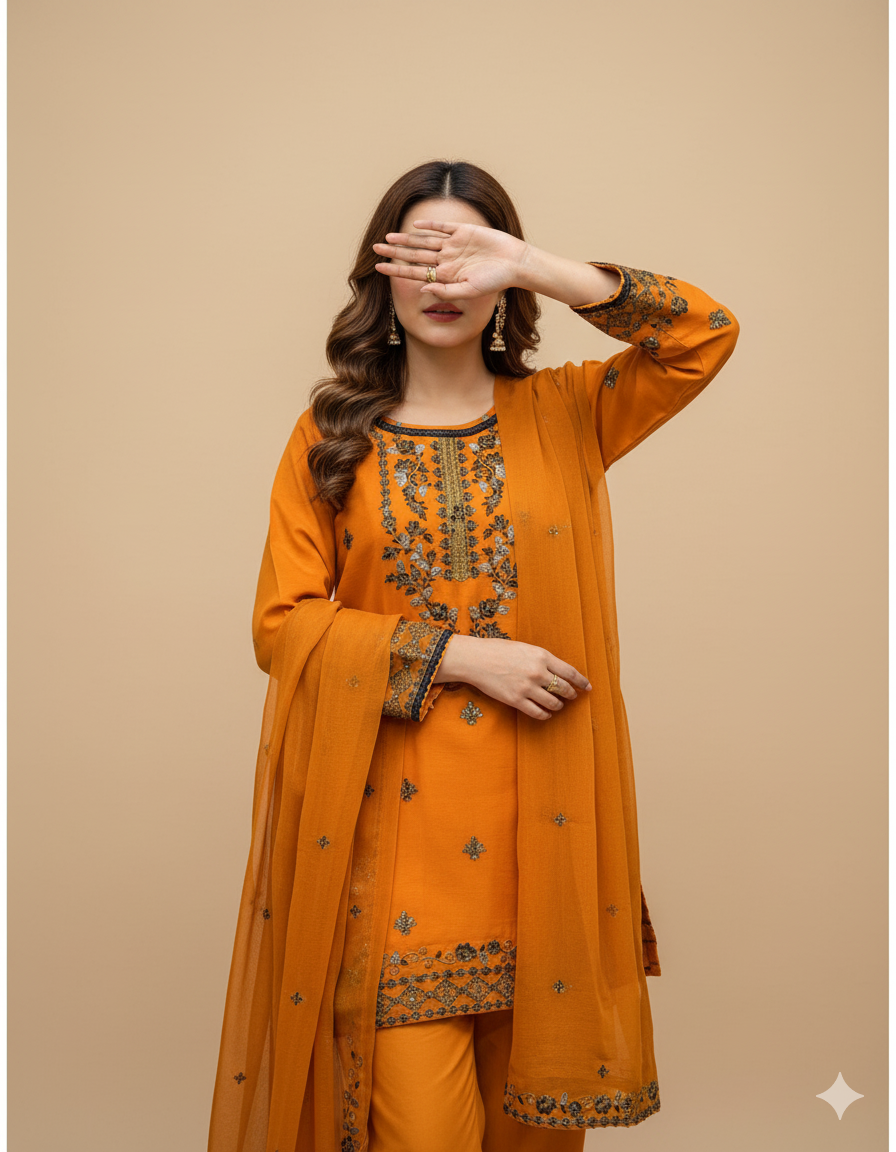 Elegant Embroidered Cotton 3-Piece Suit with Chiffon Dupatta