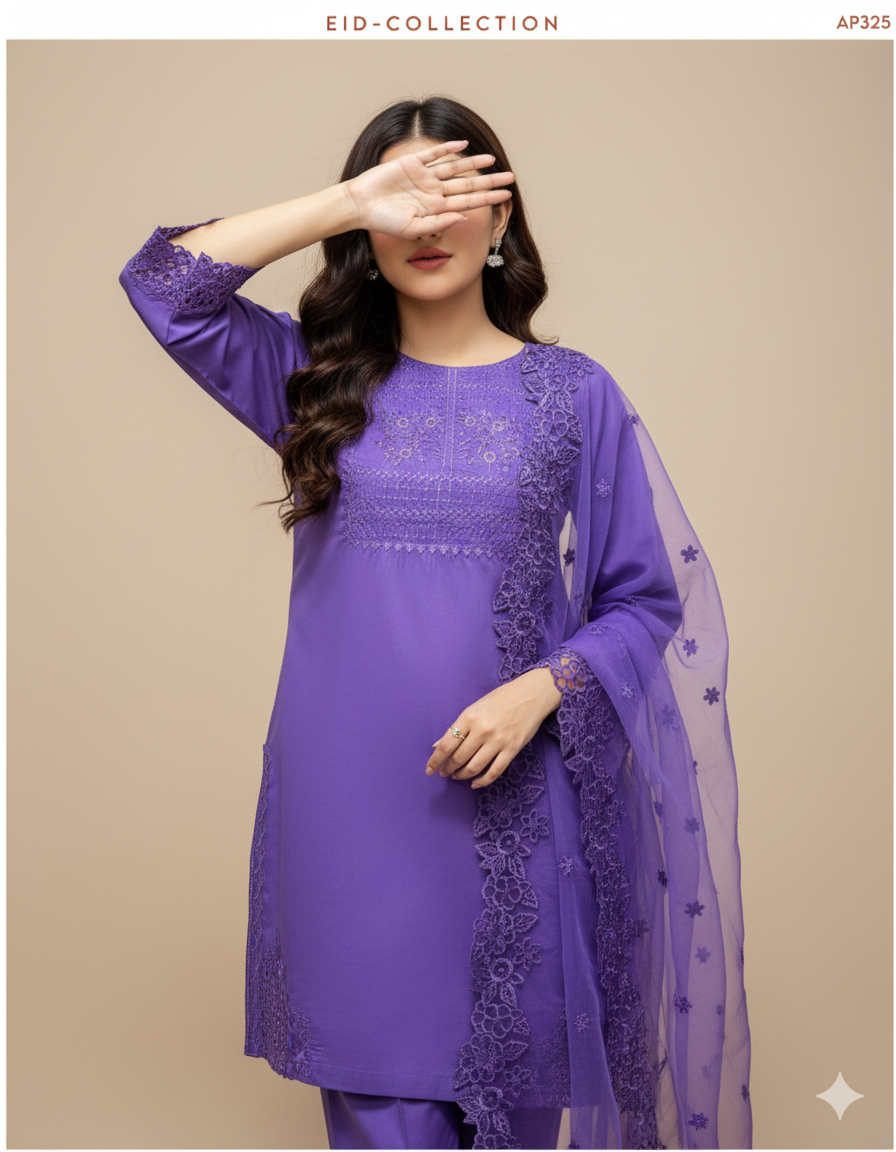 Elegant Embroidered Cotton 3-Piece Suit with Chiffon Dupatta