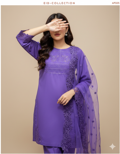 Elegant Embroidered Cotton 3-Piece Suit with Chiffon Dupatta