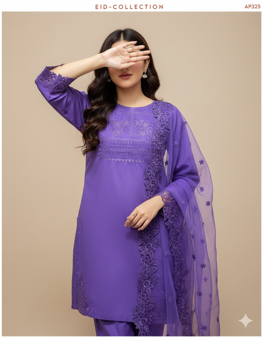 Elegant Embroidered Cotton 3-Piece Suit with Chiffon Dupatta
