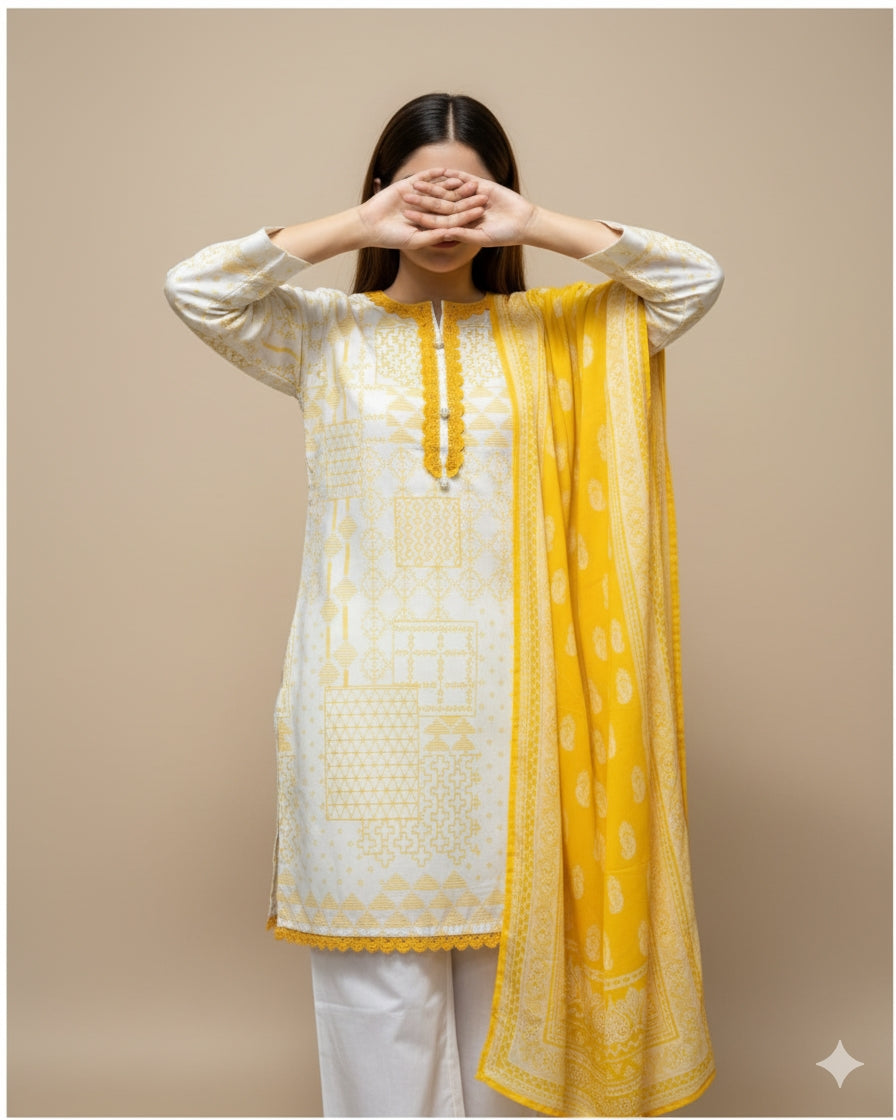 Elegant Embroidered Cotton 3-Piece Suit with Chiffon Dupatta