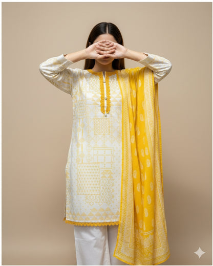 Elegant Embroidered Cotton 3-Piece Suit with Chiffon Dupatta