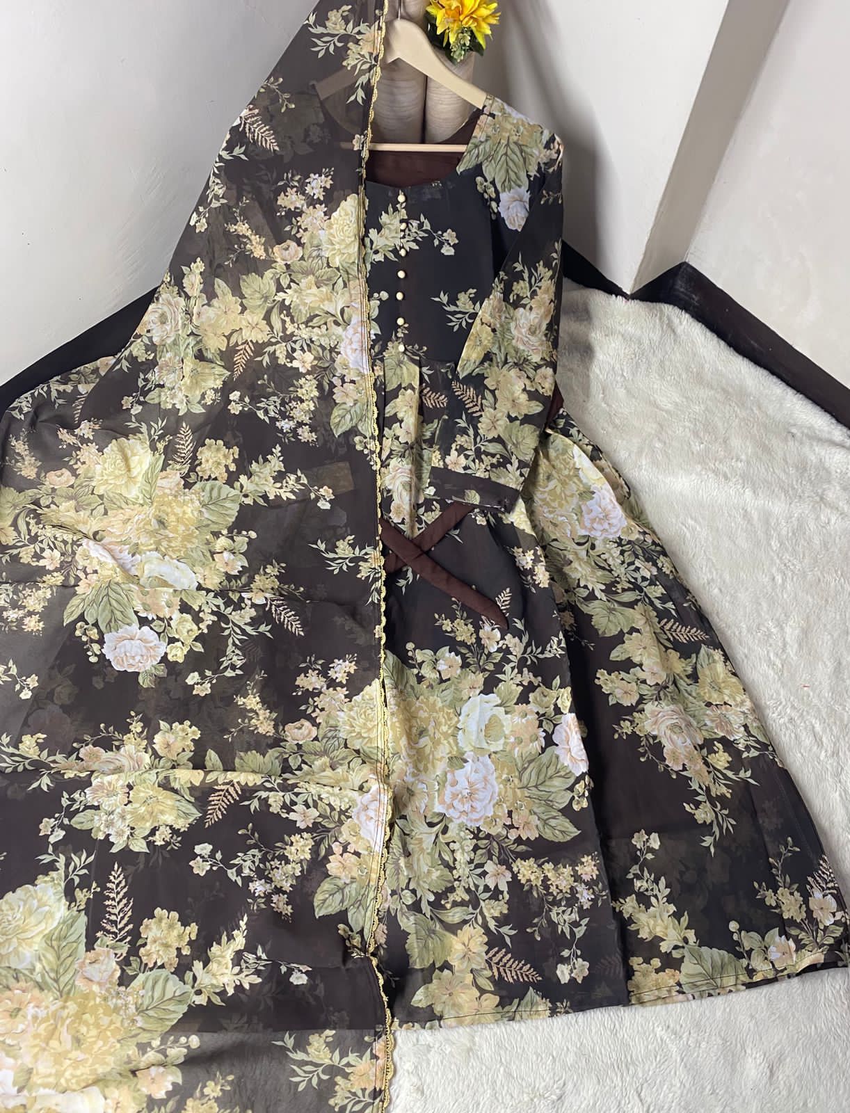 Chiffon Maxi Dress with Matching Lace Dupatta 2PCS