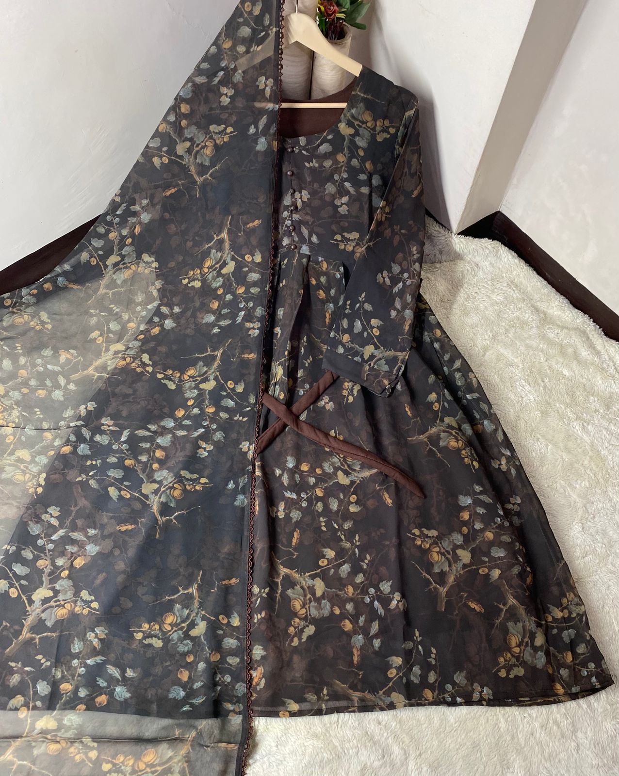 Chiffon Maxi Dress with Matching Lace Dupatta 2PCS