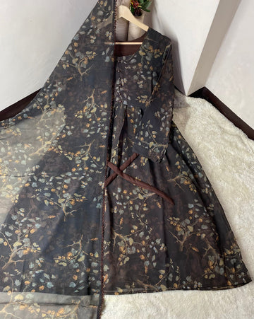 Chiffon Maxi Dress with Matching Lace Dupatta 2PCS