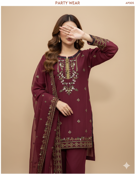 Elegant Embroidered Cotton 3-Piece Suit with Chiffon Dupatta