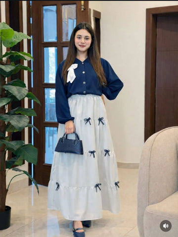 Printed Bow Top & Skirt Set 2Pcs Georgette