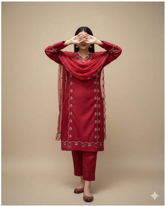 Elegant Embroidered Cotton 3-Piece Suit with Chiffon Dupatta