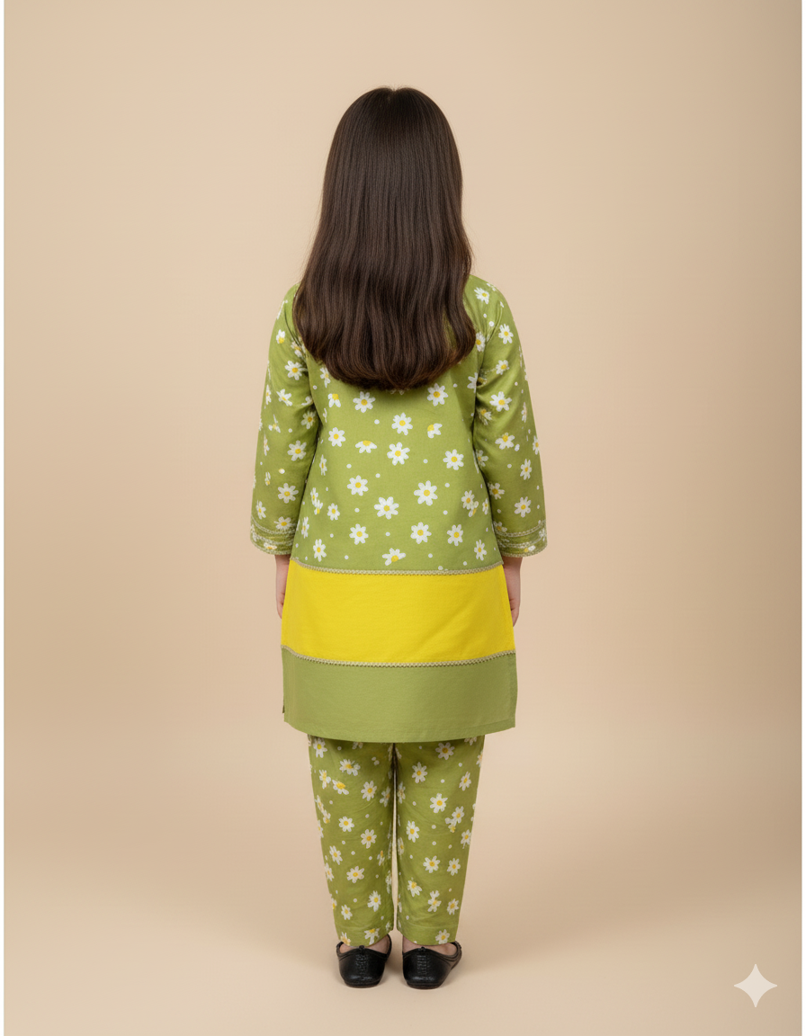 Kids Contrast Cotton Shirt & Lawn Jacquard Plazo Set – Elegant Pintex Detailing