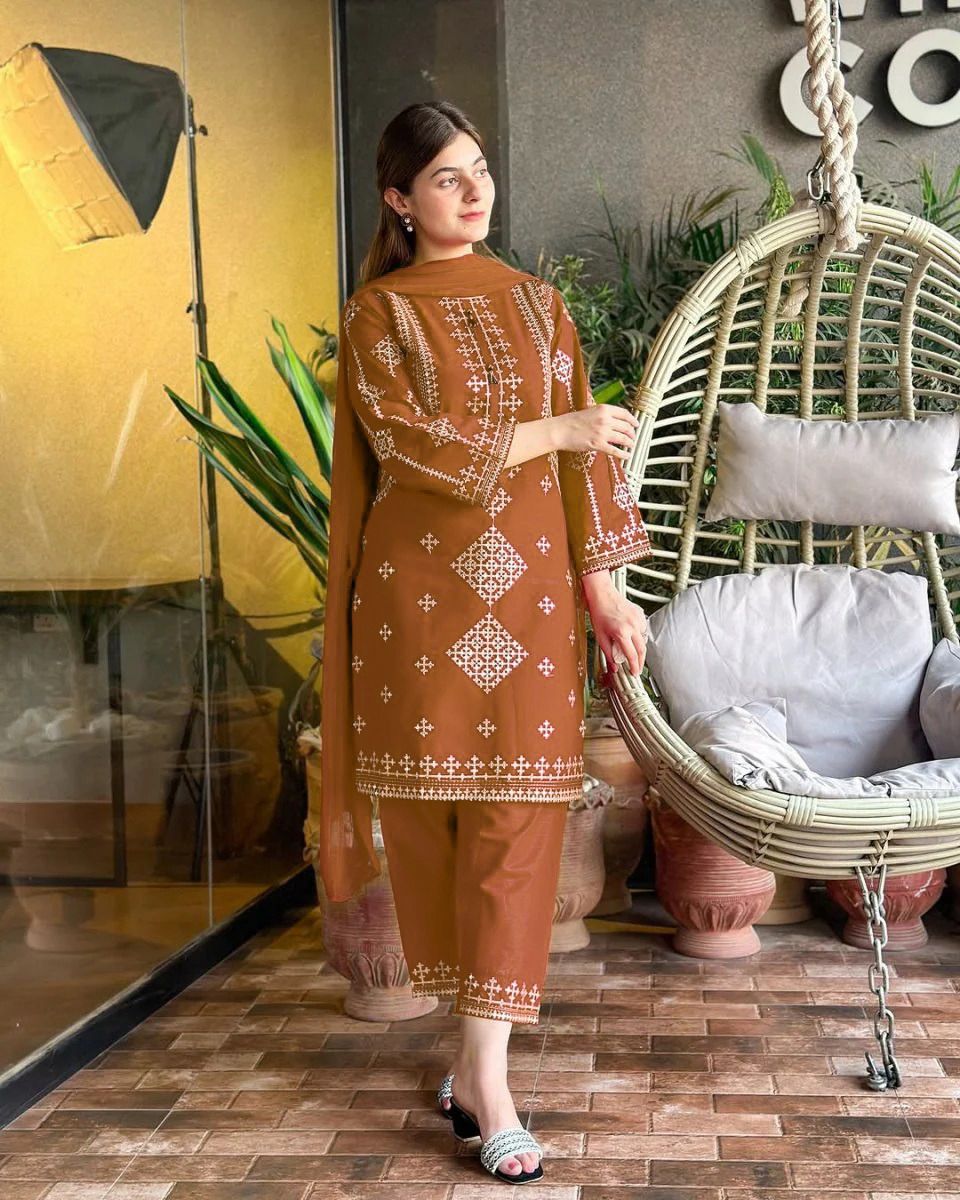 Embroidered Stiched Cotton 3PC Suit with Chiffon Dupatta ✨