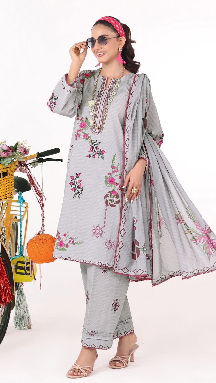 Printed Cord Set Lawn with Plain Trouser – 2PCS Unstitched