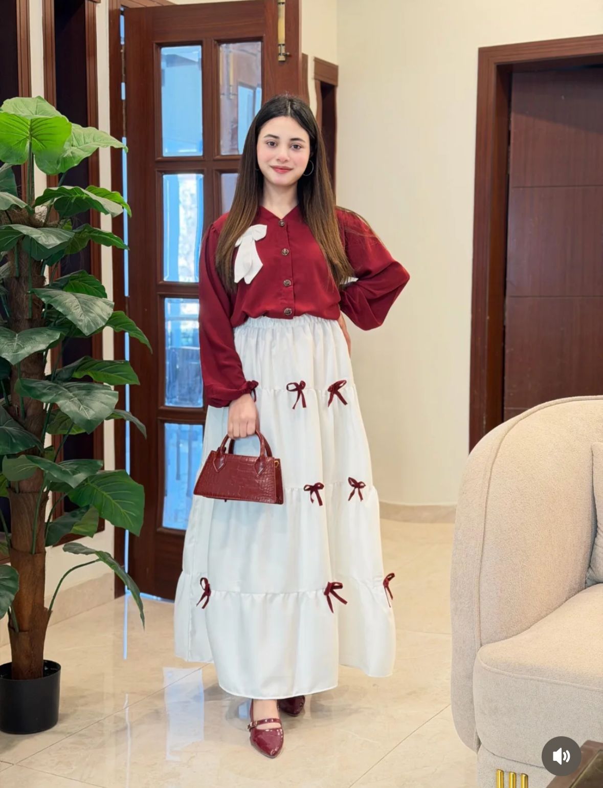 Printed Bow Top & Skirt Set 2Pcs Georgette