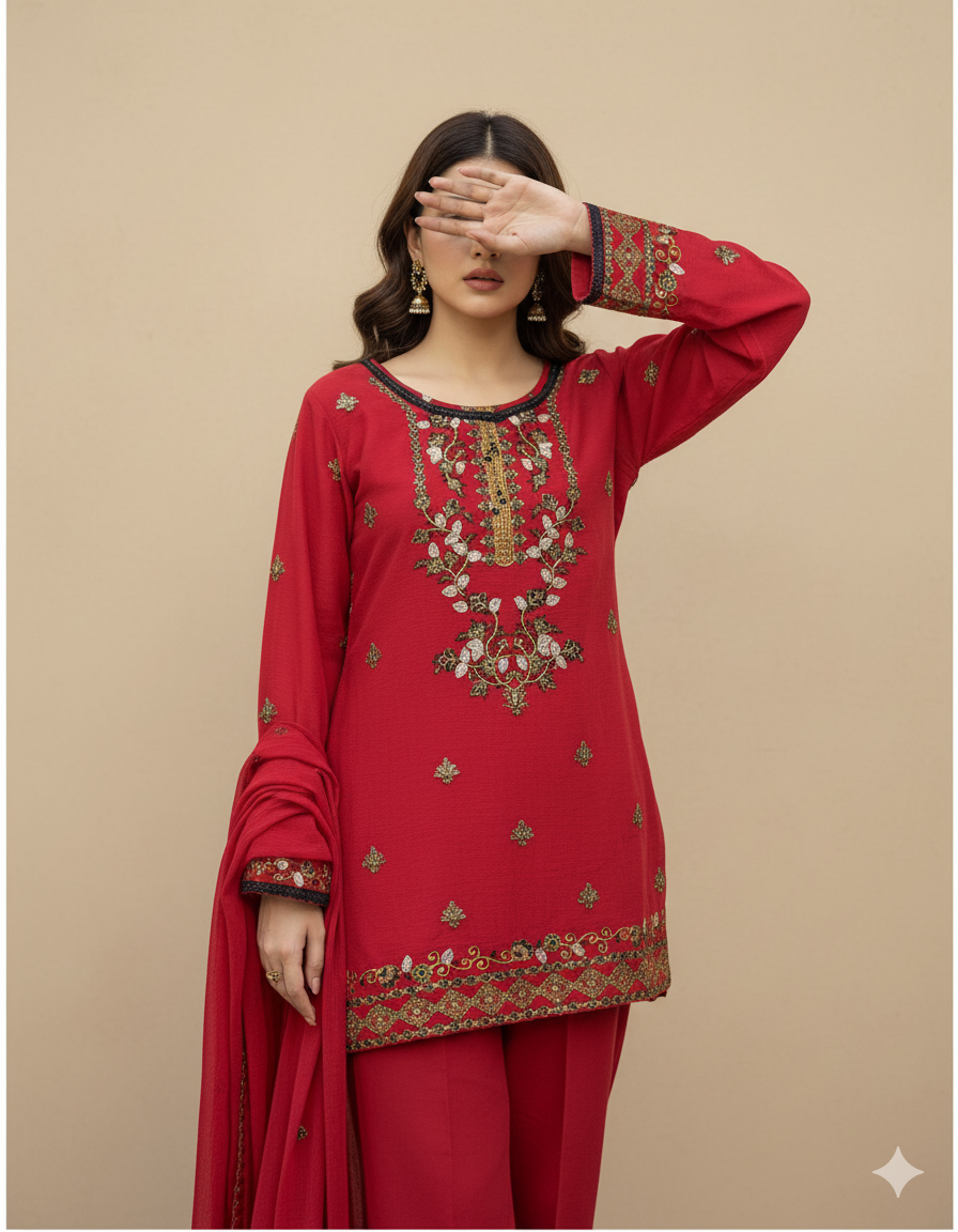 Elegant Embroidered Cotton 3-Piece Suit with Chiffon Dupatta