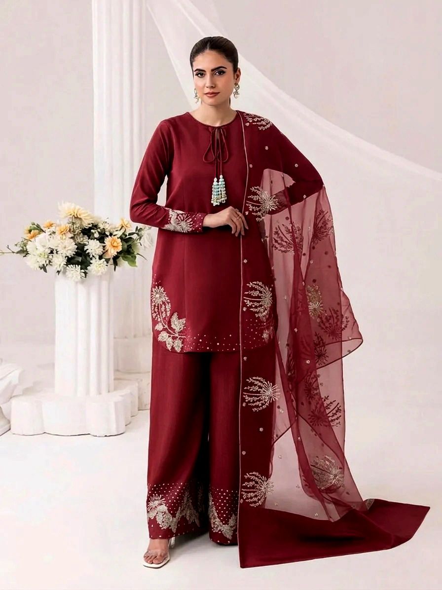 Embroidered Silk 3PCS Suit (Silver/Golden)