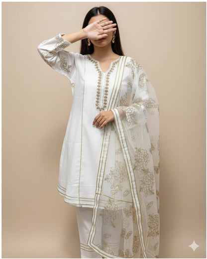 Elegant Embroidered Cotton 3-Piece Suit with Chiffon Dupatta