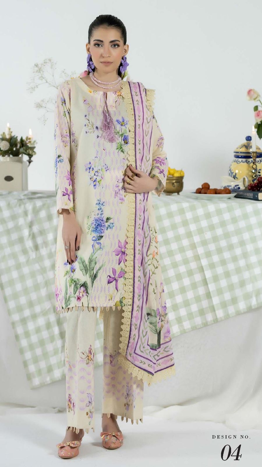 Printed Cord Set Lawn with Plain Trouser – 2PCS Unstitched
