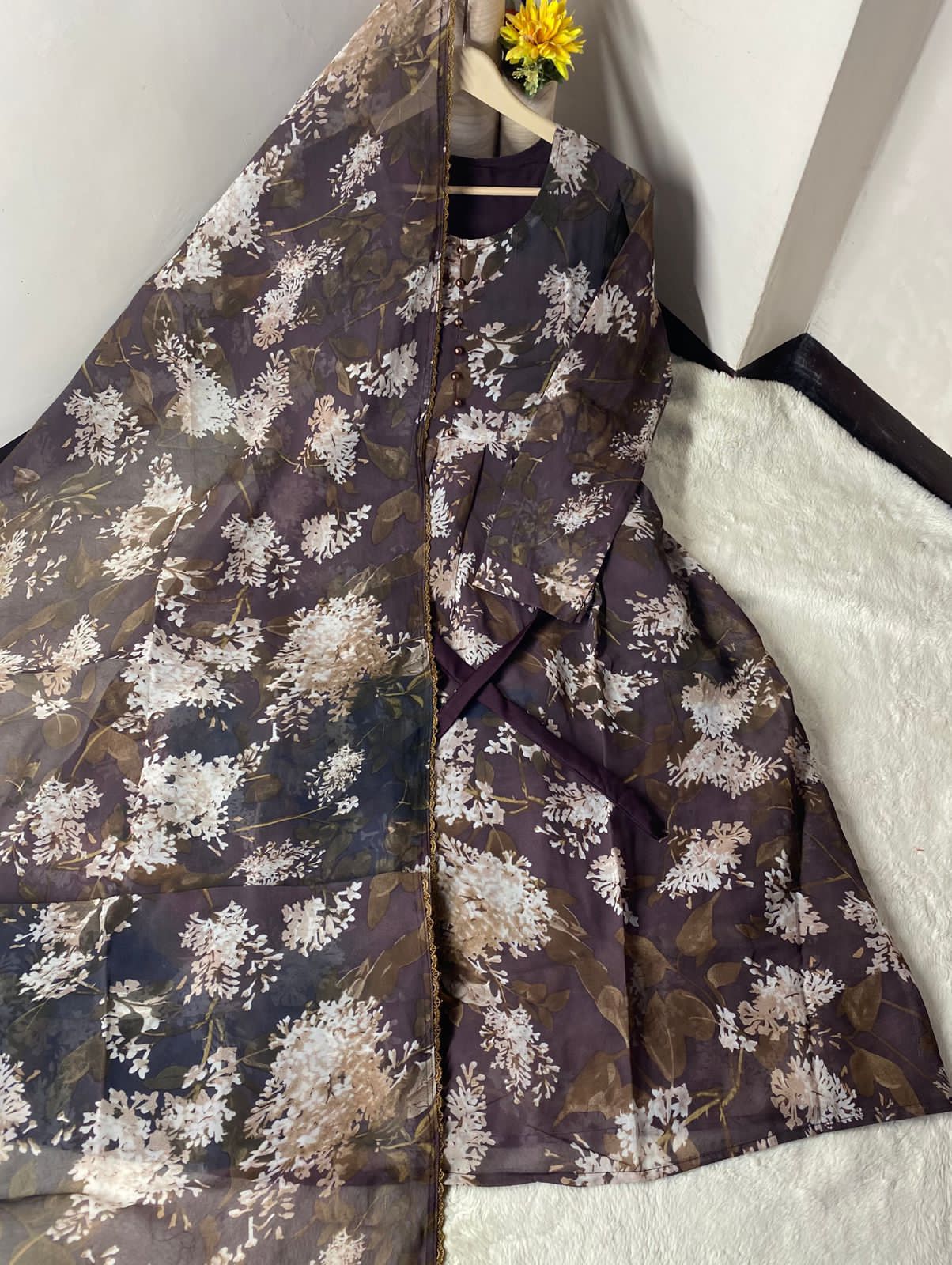 Chiffon Maxi Dress with Matching Lace Dupatta 2PCS