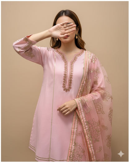 Elegant Embroidered Cotton 3-Piece Suit with Chiffon Dupatta