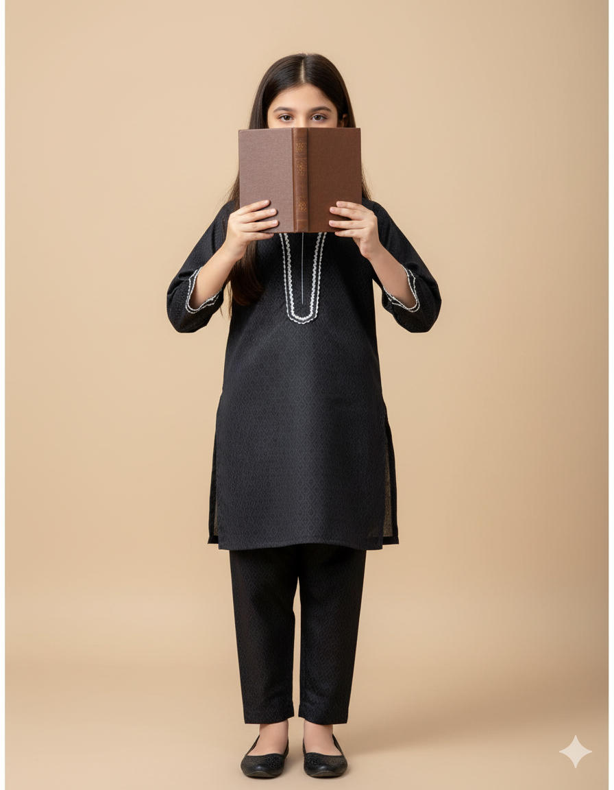 Kids Contrast Cotton Shirt & Lawn Jacquard Plazo Set – Elegant Pintex Detailing