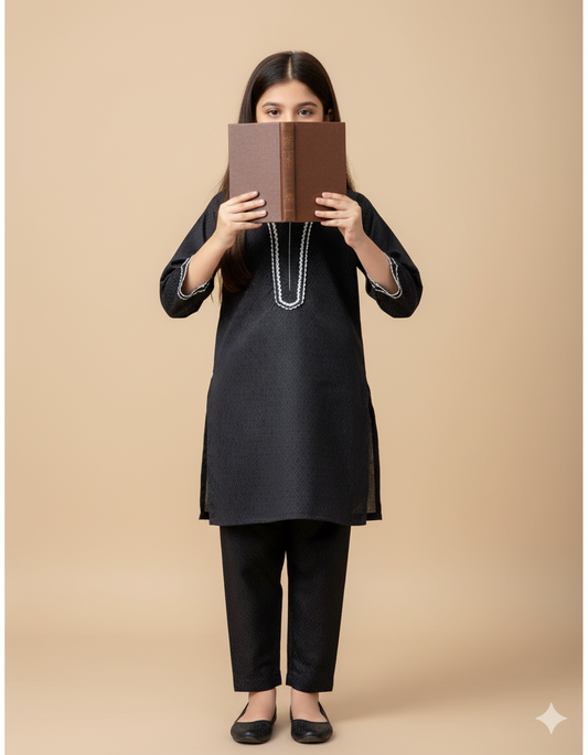 Kids Contrast Cotton Shirt & Lawn Jacquard Plazo Set – Elegant Pintex Detailing