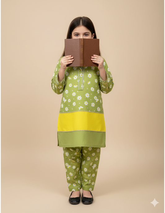 Kids Contrast Cotton Shirt & Lawn Jacquard Plazo Set – Elegant Pintex Detailing