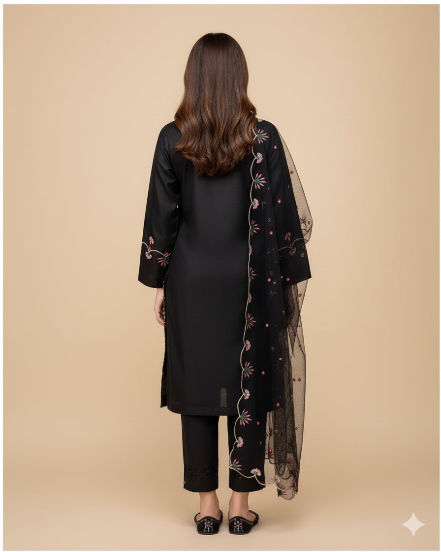 Elegant Embroidered Cotton 3-Piece Suit with Chiffon Dupatta