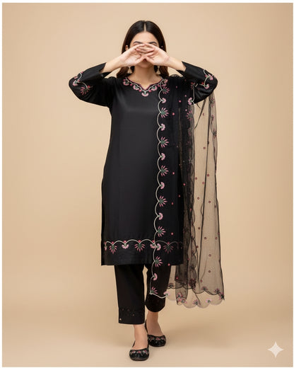 Elegant Embroidered Cotton 3-Piece Suit with Chiffon Dupatta