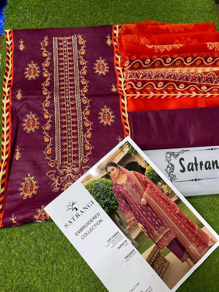 Embroidered Lawn Suit with Chiffon Dupatta – 3PCS Set Unstitched