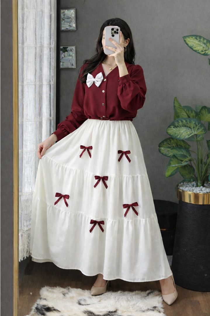 Printed Bow Top & Skirt Set 2Pcs Georgette