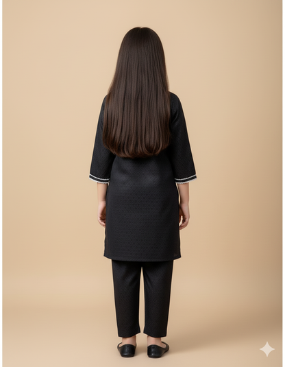 Kids Contrast Cotton Shirt & Lawn Jacquard Plazo Set – Elegant Pintex Detailing