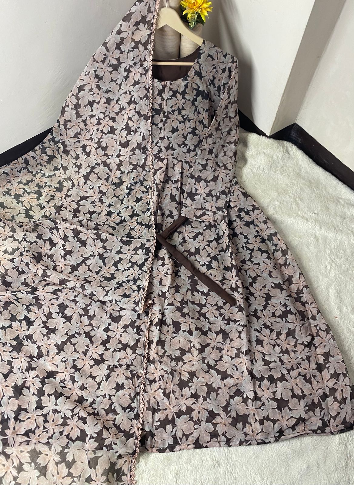 Chiffon Maxi Dress with Matching Lace Dupatta 2PCS