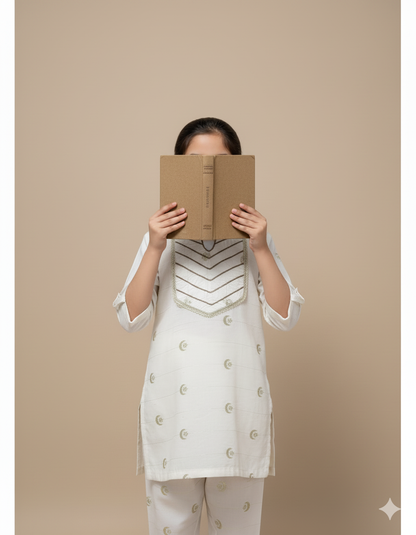 Kids Contrast Cotton Shirt & Lawn Jacquard Plazo Set – Elegant Pintex Detailing