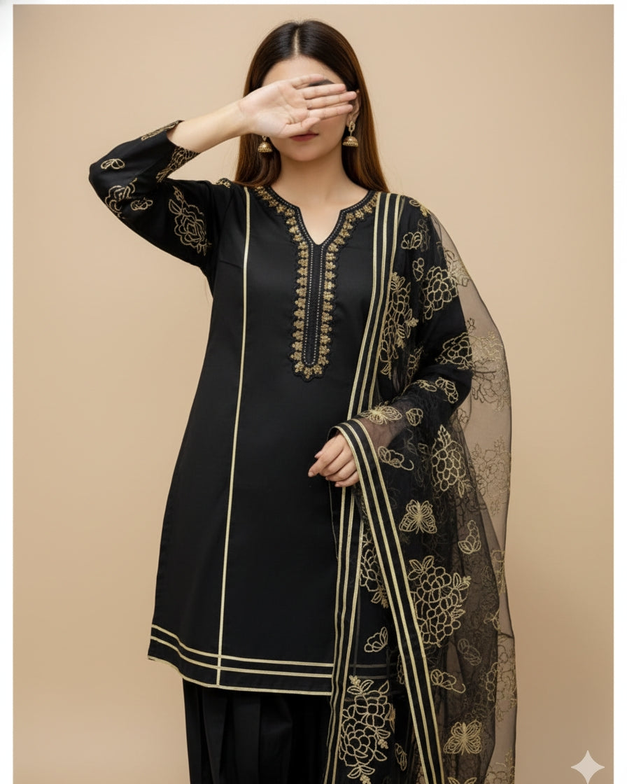 Elegant Embroidered Cotton 3-Piece Suit with Chiffon Dupatta