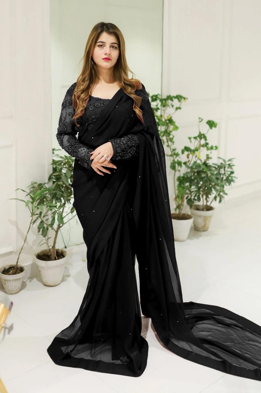 Embroidered Chiffon Saree 2Pcs