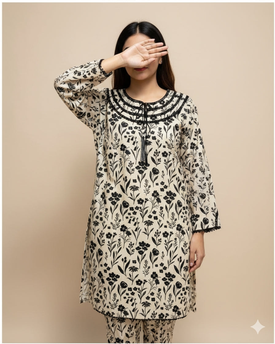 Elegant Embroidered Cotton 3-Piece Suit with Chiffon Dupatta