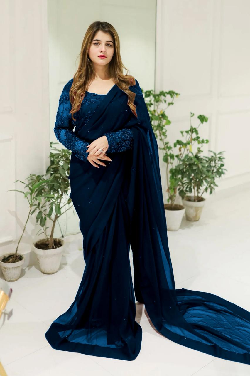 Embroidered Chiffon Saree 2Pcs