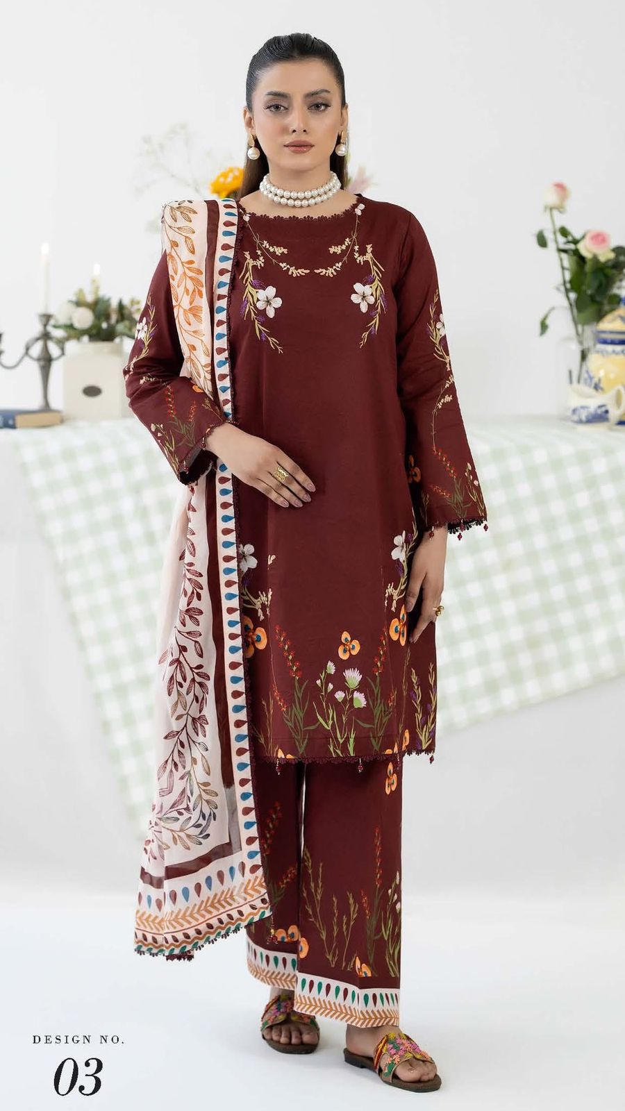 Printed Cord Set Lawn with Plain Trouser – 2PCS Unstitched