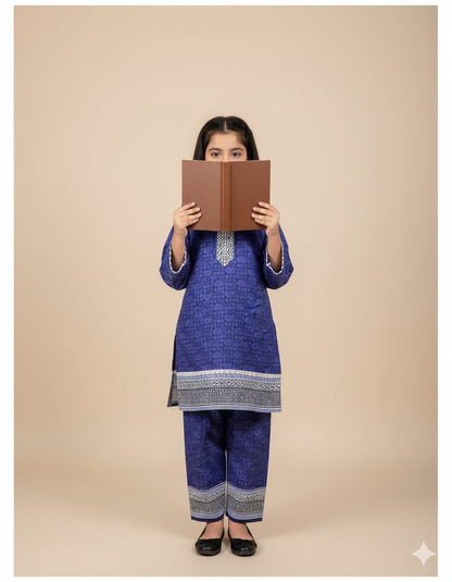 Kids Contrast Cotton Shirt & Lawn Jacquard Plazo Set – Elegant Pintex Detailing