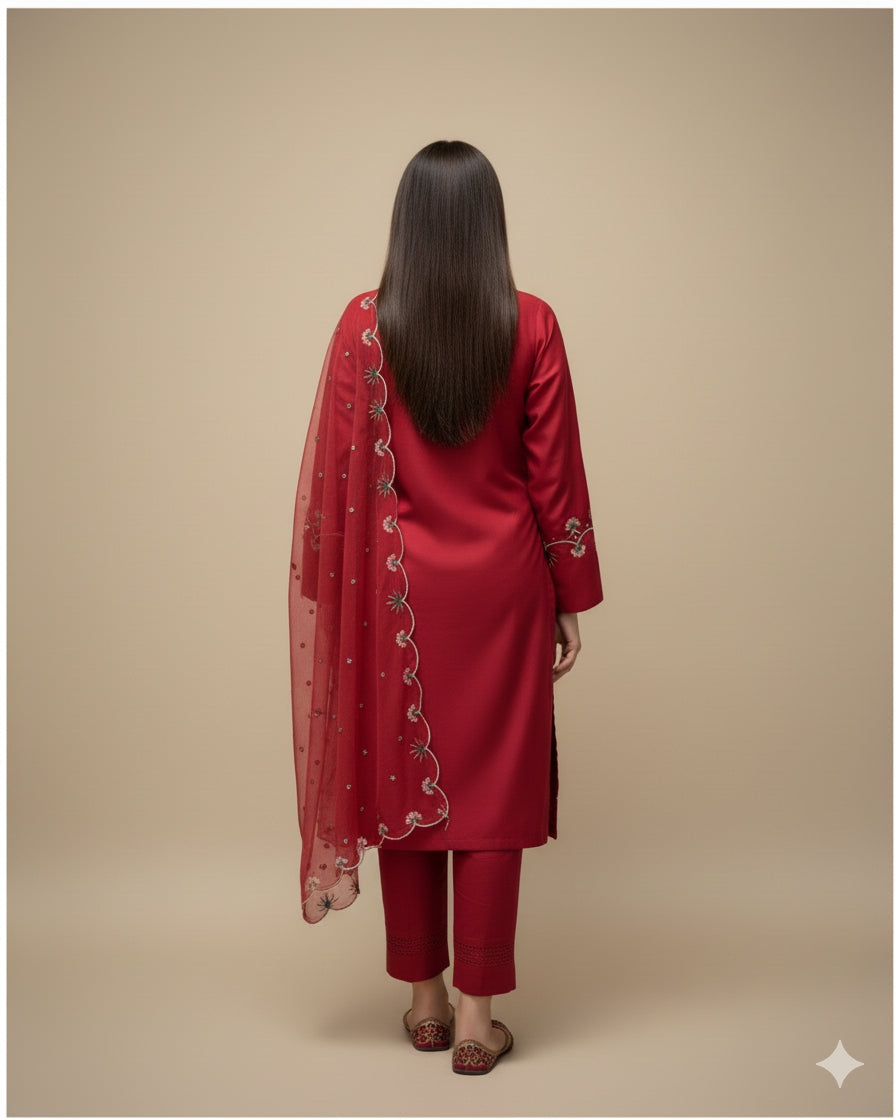 Elegant Embroidered Cotton 3-Piece Suit with Chiffon Dupatta