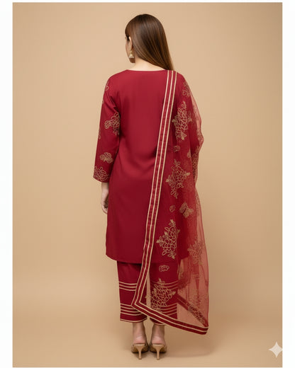 Elegant Embroidered Cotton 3-Piece Suit with Chiffon Dupatta