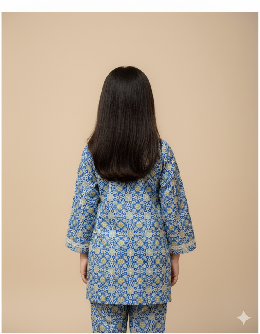 Kids Contrast Cotton Shirt & Lawn Jacquard Plazo Set – Elegant Pintex Detailing