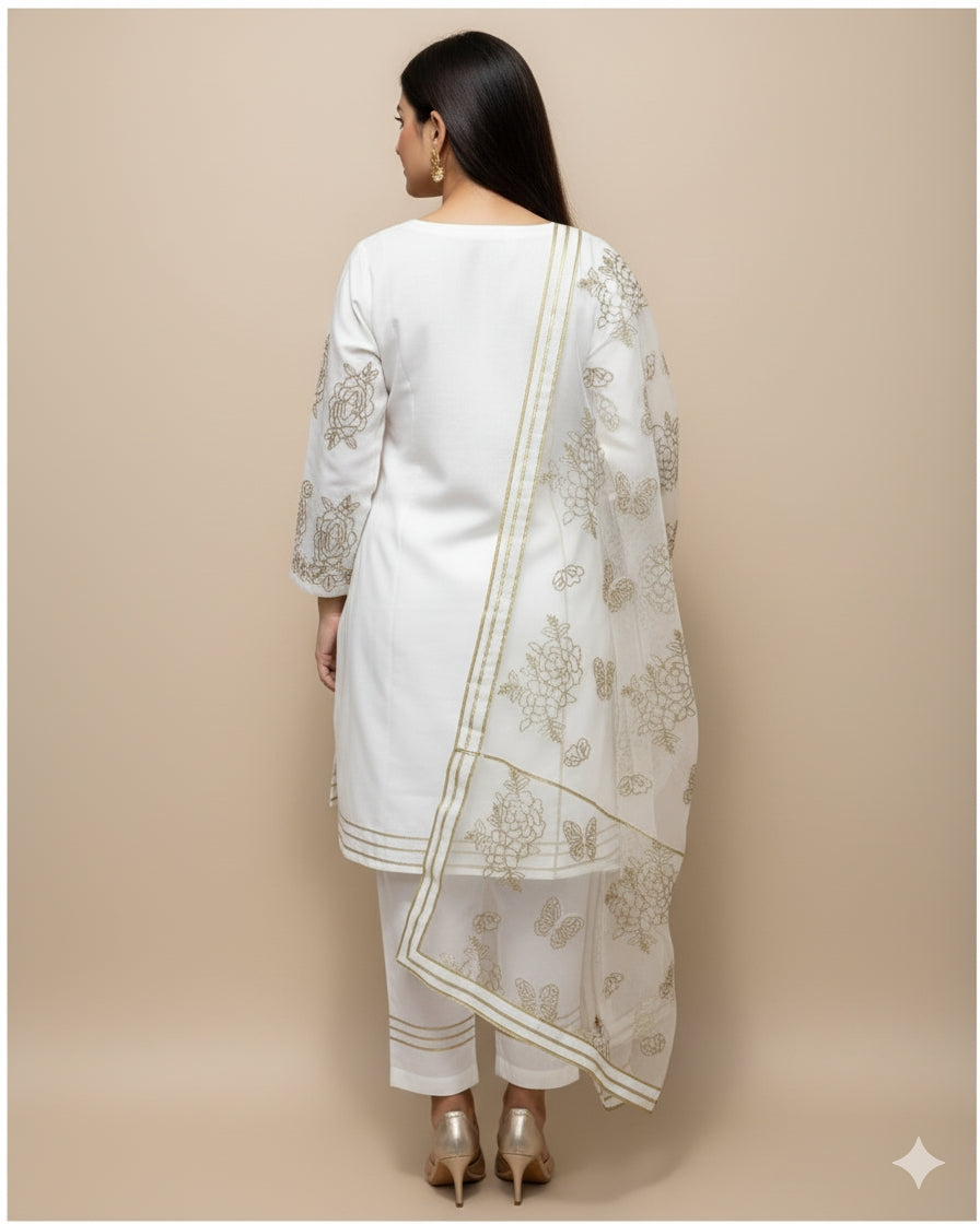 Elegant Embroidered Cotton 3-Piece Suit with Chiffon Dupatta