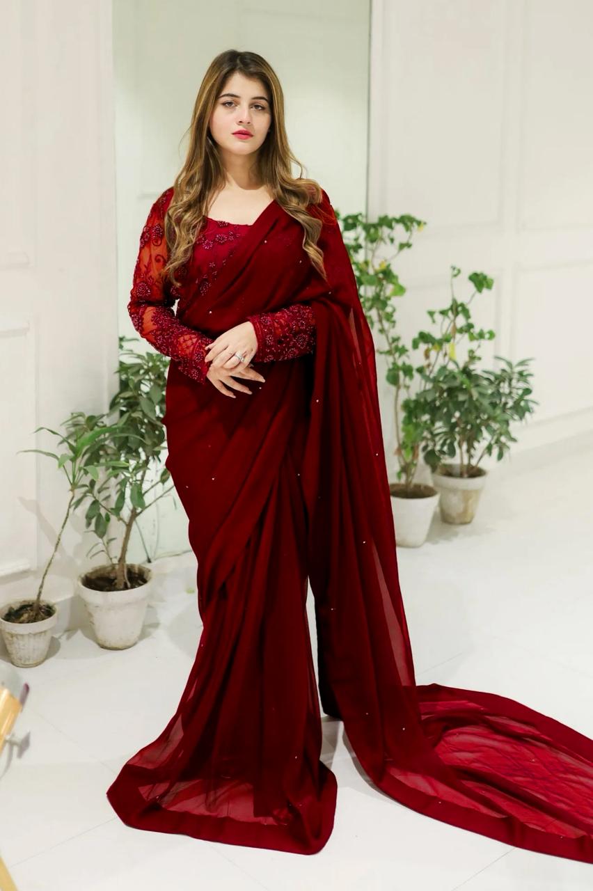 Embroidered Chiffon Saree 2Pcs