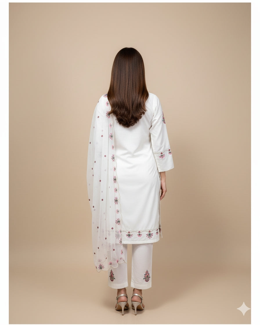 Elegant Embroidered Cotton 3-Piece Suit with Chiffon Dupatta