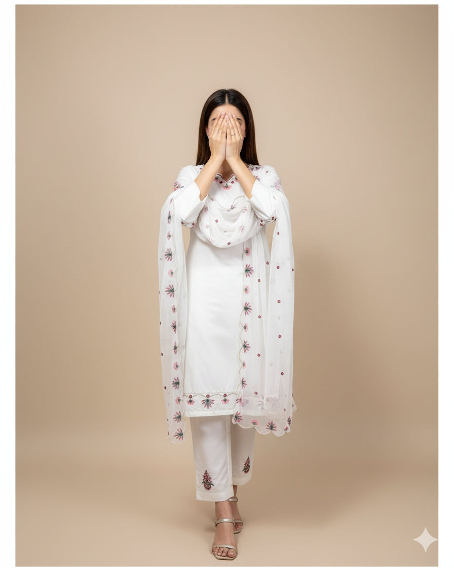 Elegant Embroidered Cotton 3-Piece Suit with Chiffon Dupatta