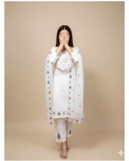 Elegant Embroidered Cotton 3-Piece Suit with Chiffon Dupatta