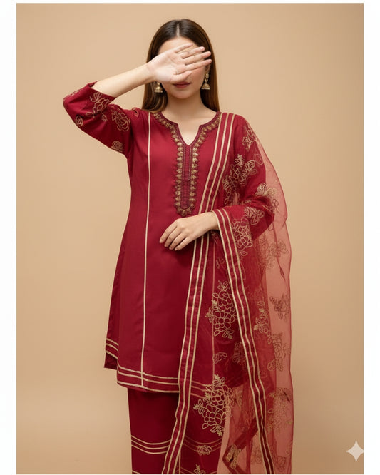 Elegant Embroidered Cotton 3-Piece Suit with Chiffon Dupatta