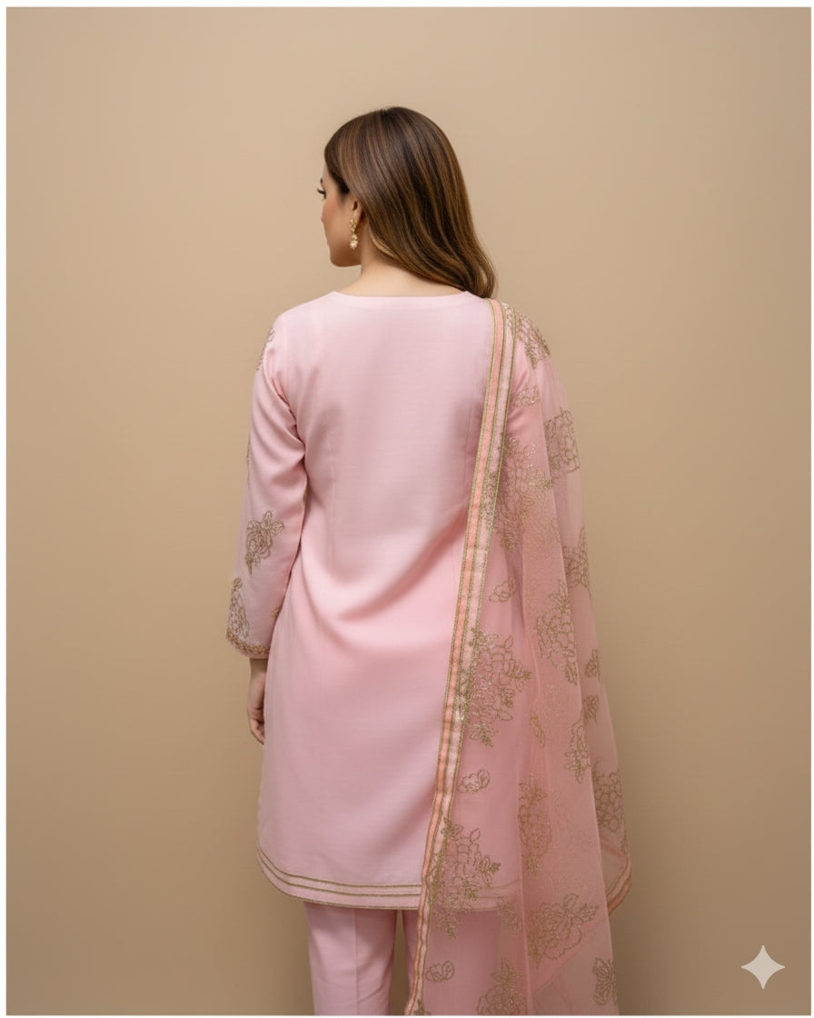 Elegant Embroidered Cotton 3-Piece Suit with Chiffon Dupatta