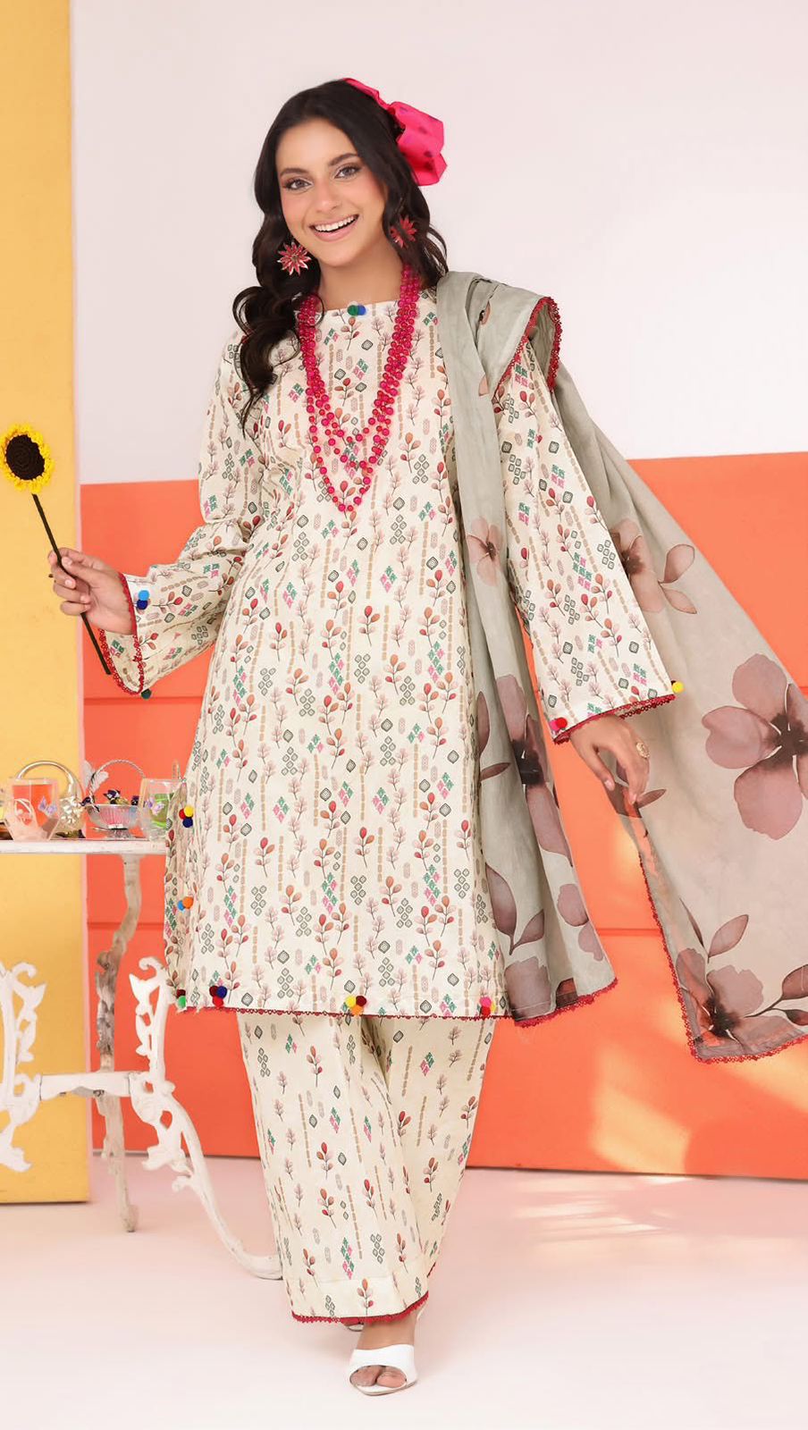 Printed Cord Set Lawn with Plain Trouser – 2PCS Unstitched